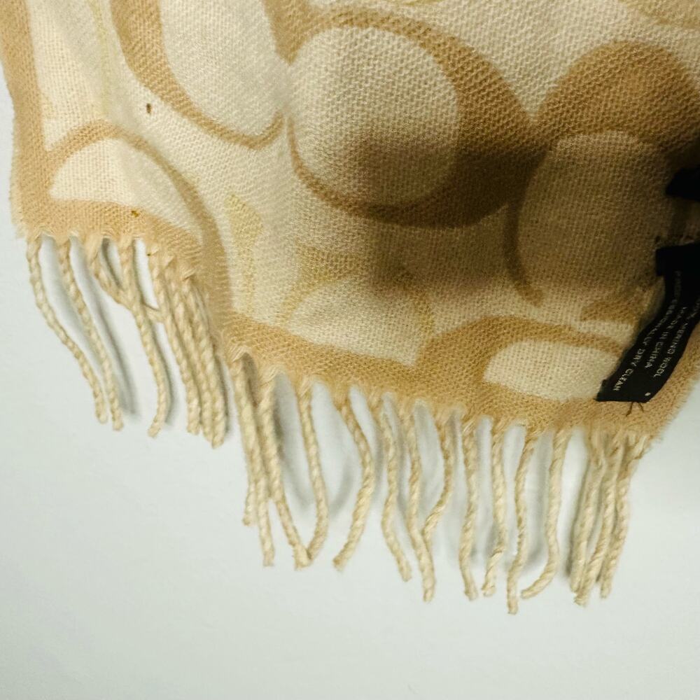 COACH Tan Ivory C Monogram 100% Merino Wool Fringe Detail Wool Winter Scarf - Picture 5 of 8